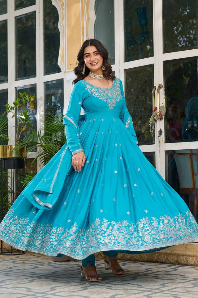 Blue Floral Embroidered Silk Gown (SP-08-Blue)