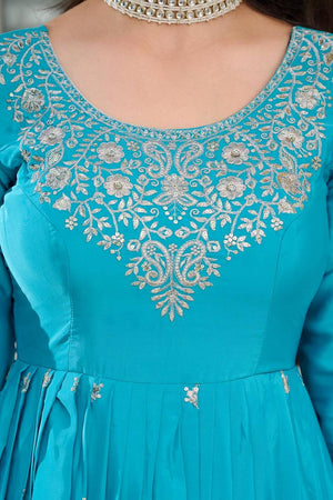 Blue Floral Embroidered Silk Gown (SP-08-Blue)