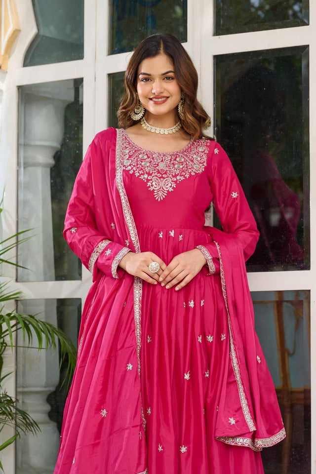 Pink Floral Embroidered Silk Gown (SP-08-pink)