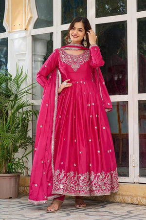 Pink Floral Embroidered Silk Gown (SP-08-pink)