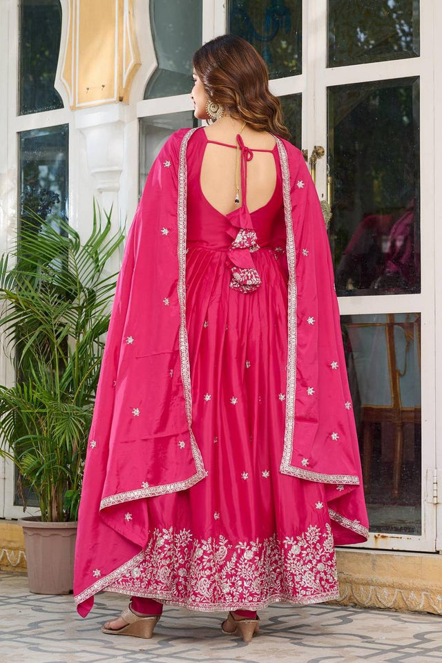 Pink Floral Embroidered Silk Gown (SP-08-pink)