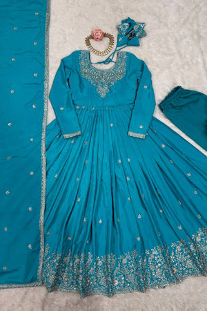Blue Sequin with Embroidered Silk Anarkali Suits