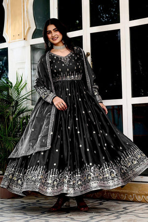 Black Sequin with Embroidered Silk Gown (SP-12- Black)