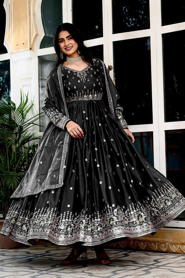 Black Sequin with Embroidered Silk Gown (SP-12- Black)