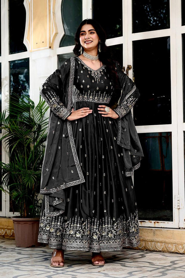 Black Sequin with Embroidered Silk Gown (SP-12- Black)