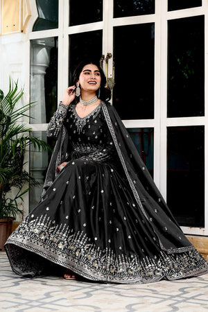 Black Sequin with Embroidered Silk Gown (SP-12- Black)