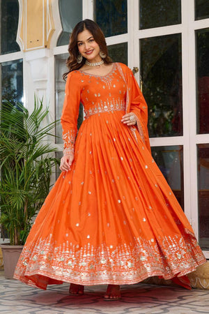 Orange Sequin with Embroidered Silk Gown (SP-12- Orange)