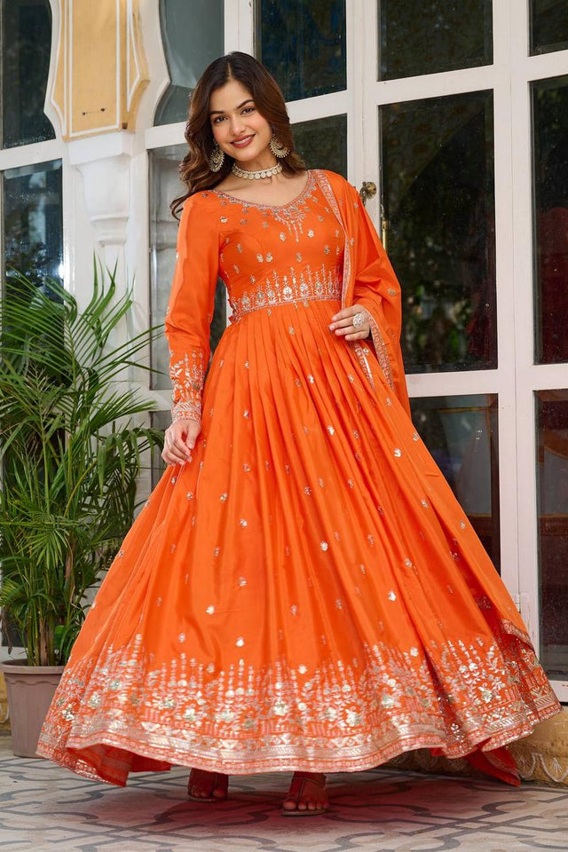 Orange Sequin with Embroidered Silk Gown (SP-12- Orange)