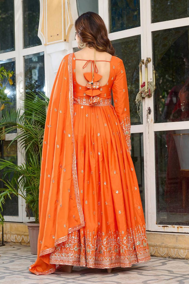 Orange Sequin with Embroidered Silk Gown (SP-12- Orange)