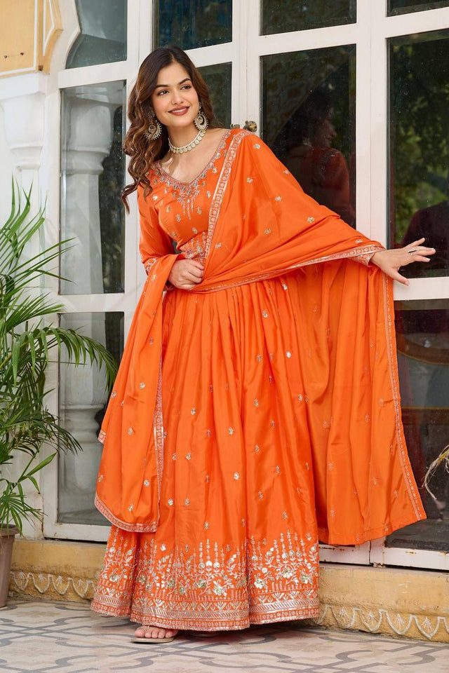 Orange Sequin with Embroidered Silk Gown (SP-12- Orange)