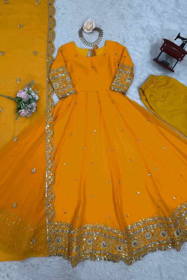Mustard Sequin with Embroidered Georgette Anarkali Suits
