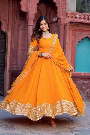 Mustard Sequin with Embroidered Georgette Anarkali Suits