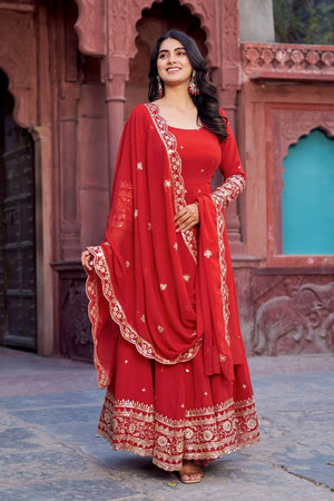 Red Sequin with Embroidered Georgette Anarkali Suits