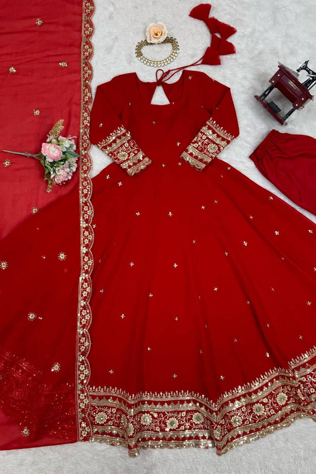 Red Sequin with Embroidered Georgette Anarkali Suits