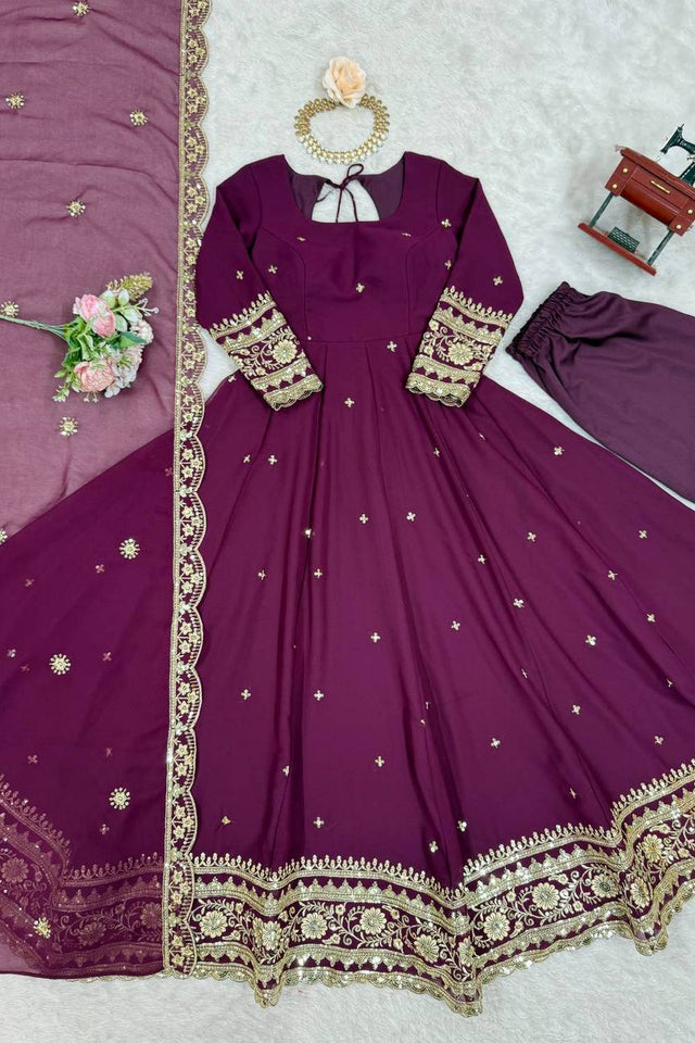 Wine Sequin with Embroidered Georgette Anarkali Suits