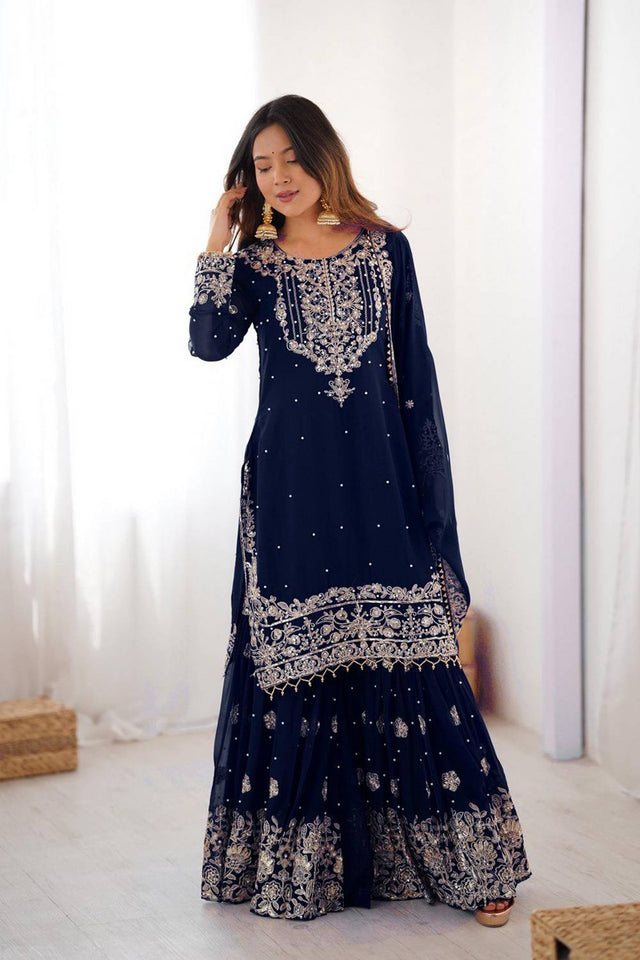 Navy Blue Sequin with Embroidered Georgette Sharara Suits