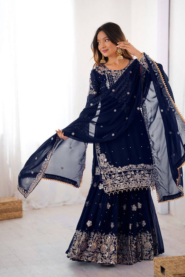 Navy Blue Sequin with Embroidered Georgette Sharara Suits