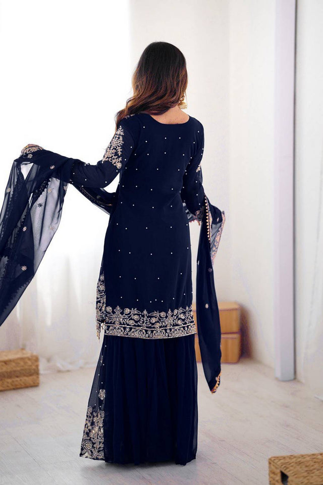 Navy Blue Sequin with Embroidered Georgette Sharara Suits