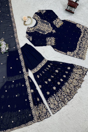 Navy Blue Sequin with Embroidered Georgette Sharara Suits