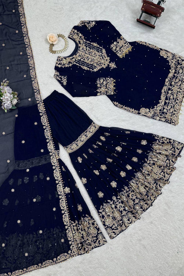 Navy Blue Sequin with Embroidered Georgette Sharara Suits