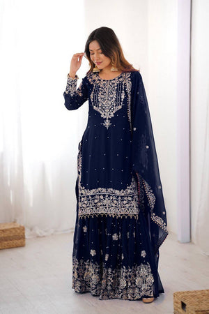Navy Blue Sequin with Embroidered Georgette Sharara Suits