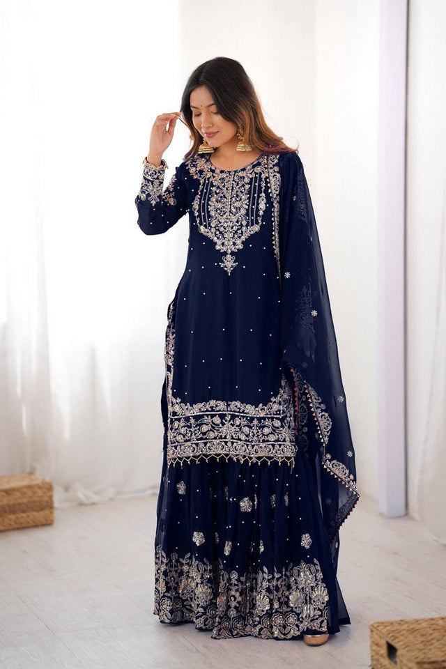 Navy Blue Sequin with Embroidered Georgette Sharara Suits