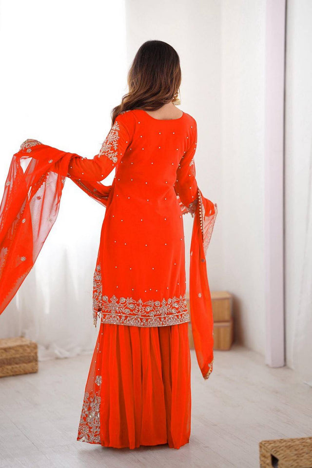 Orange Sequin with Embroidered Georgette Sharara Suits