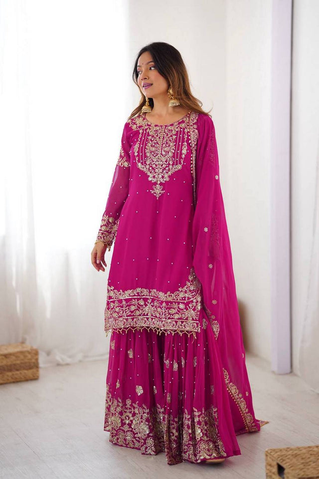 Pink Sequin with Embroidered Georgette Sharara Suits