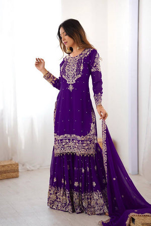Violet Sequin with Embroidered Georgette Sharara Suits