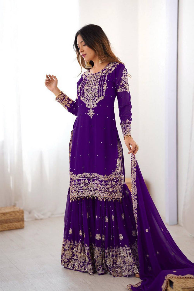 Violet Sequin with Embroidered Georgette Sharara Suits