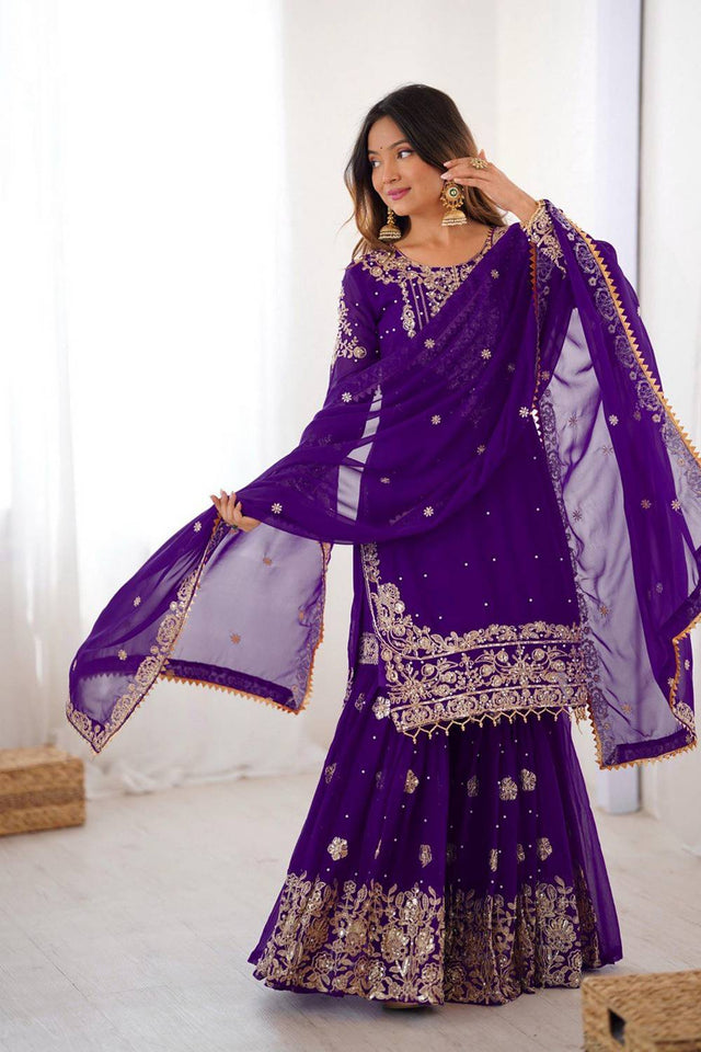 Violet Sequin with Embroidered Georgette Sharara Suits