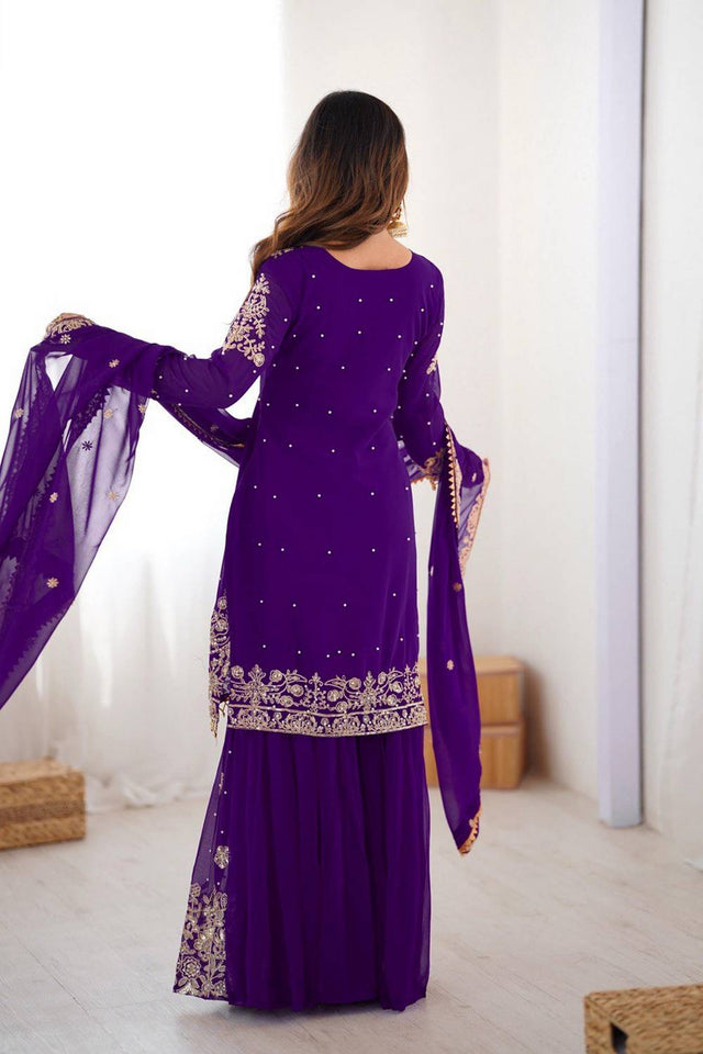 Violet Sequin with Embroidered Georgette Sharara Suits