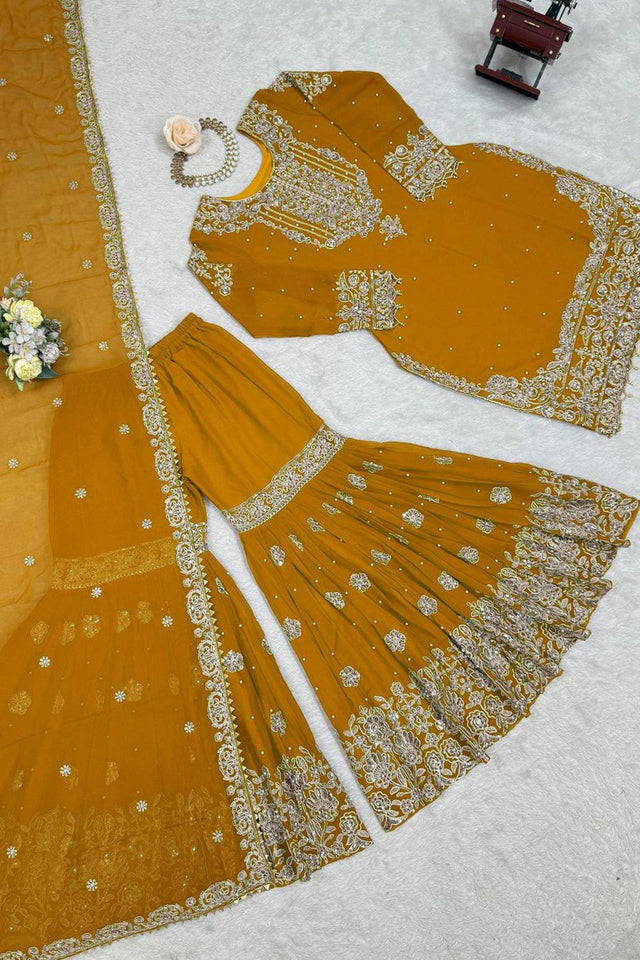 Yellow Sequin with Embroidered Georgette Sharara Suits