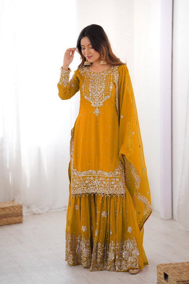 Yellow Sequin with Embroidered Georgette Sharara Suits