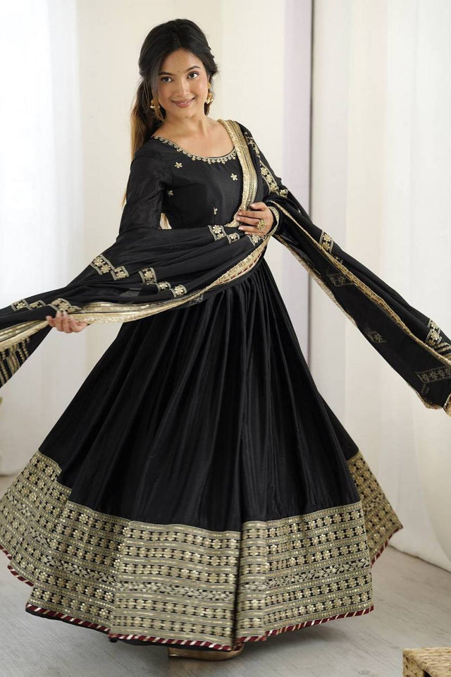 Black Floral Embroidered Silk Anarkali Suits