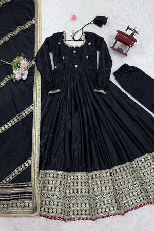 Black Floral Embroidered Silk Anarkali Suits