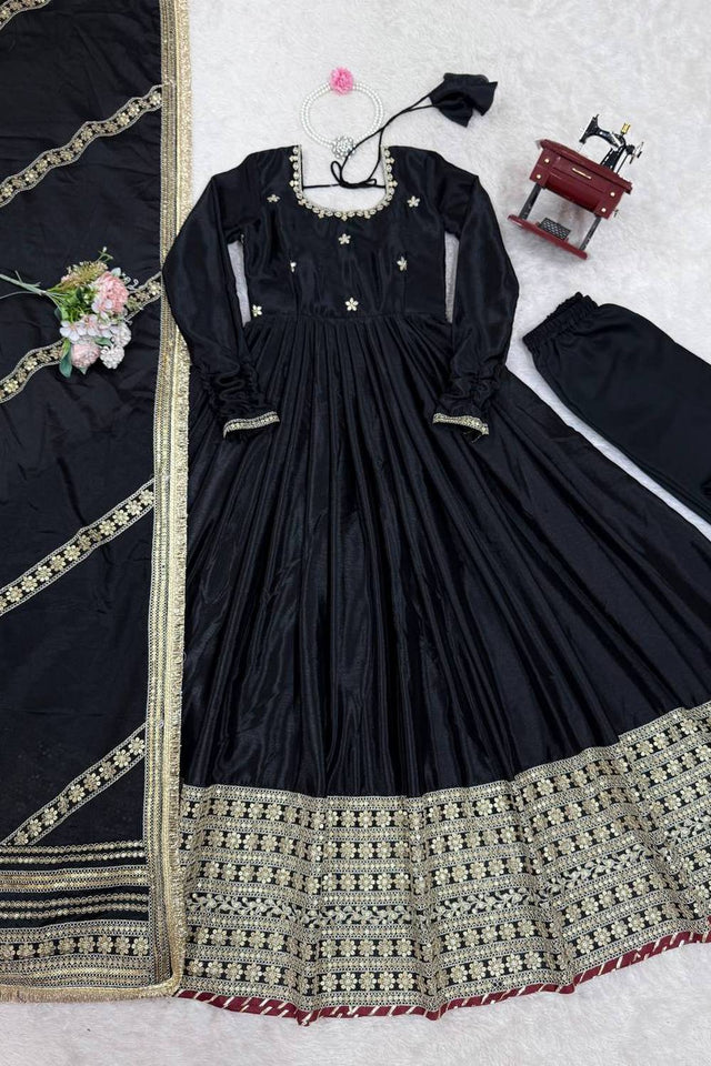 Black Floral Embroidered Silk Anarkali Suits