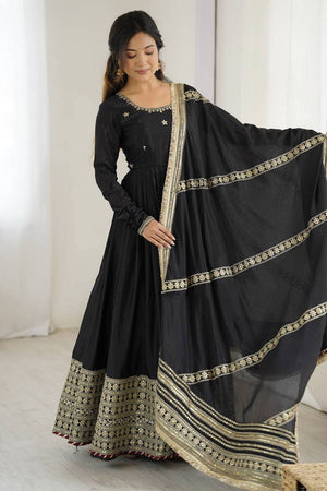Black Floral Embroidered Silk Anarkali Suits
