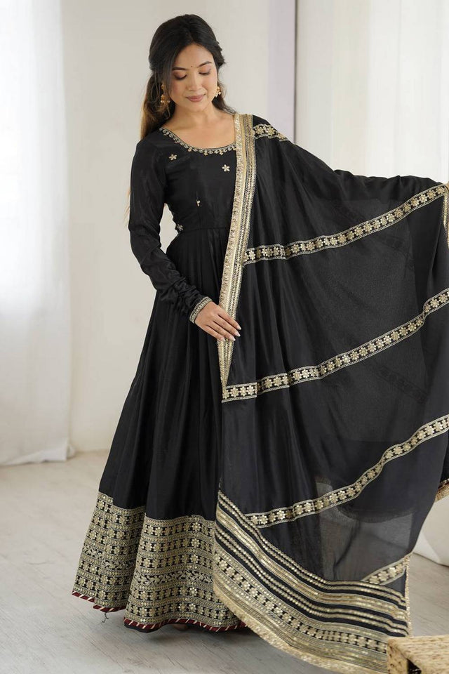 Black Floral Embroidered Silk Anarkali Suits