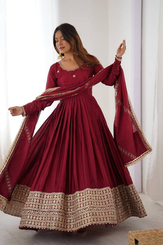 Maroon Floral Embroidered Silk Anarkali Suits