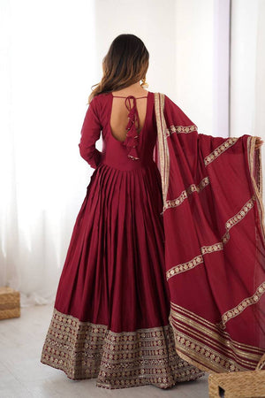 Maroon Floral Embroidered Silk Anarkali Suits