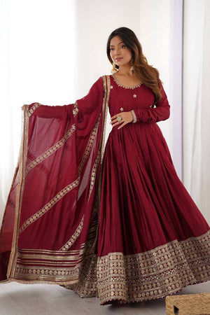 Maroon Floral Embroidered Silk Anarkali Suits
