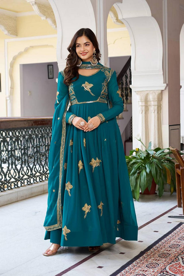 Turquoise Sequin with Embroidered Georgette Gown (SP-30-Teal)