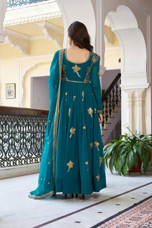 Turquoise Sequin with Embroidered Georgette Gown (SP-30-Teal)