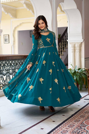 Turquoise Sequin with Embroidered Georgette Gown (SP-30-Teal)