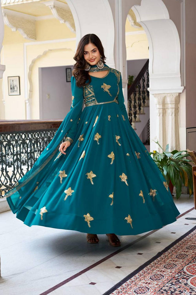 Turquoise Sequin with Embroidered Georgette Gown (SP-30-Teal)