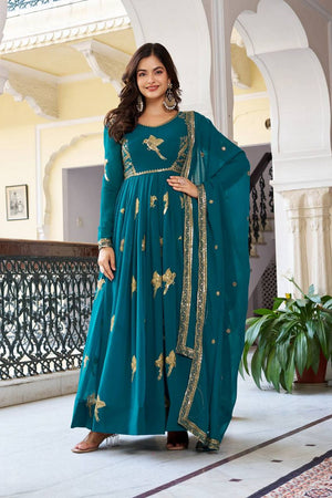Turquoise Sequin with Embroidered Georgette Anarkali Suit (SP-30-Teal Blue)