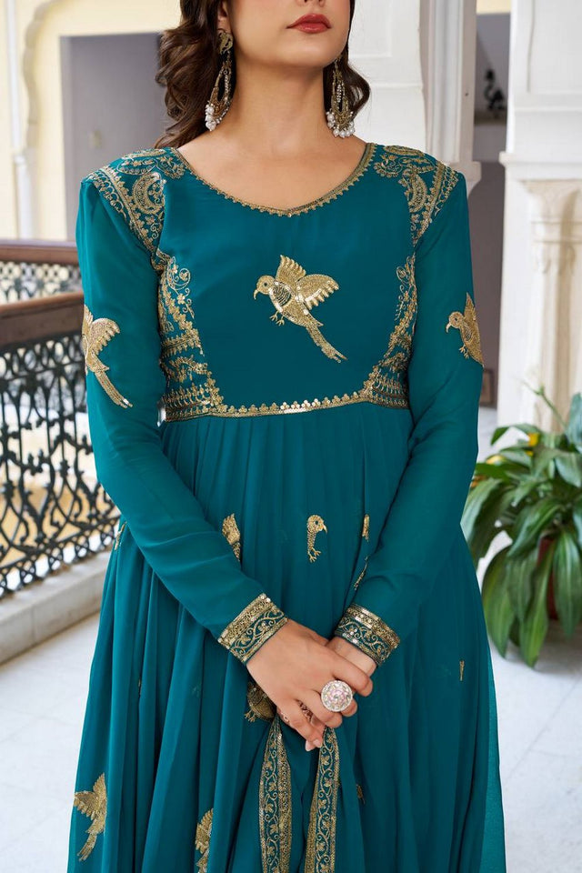 Turquoise Sequin with Embroidered Georgette Anarkali Suit (SP-30-Teal Blue)