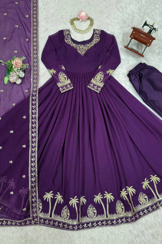 Violet Embroidered Georgette Anarkali Suits
