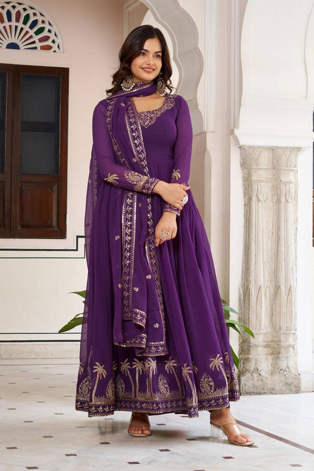 Violet Embroidered Georgette Anarkali Suits